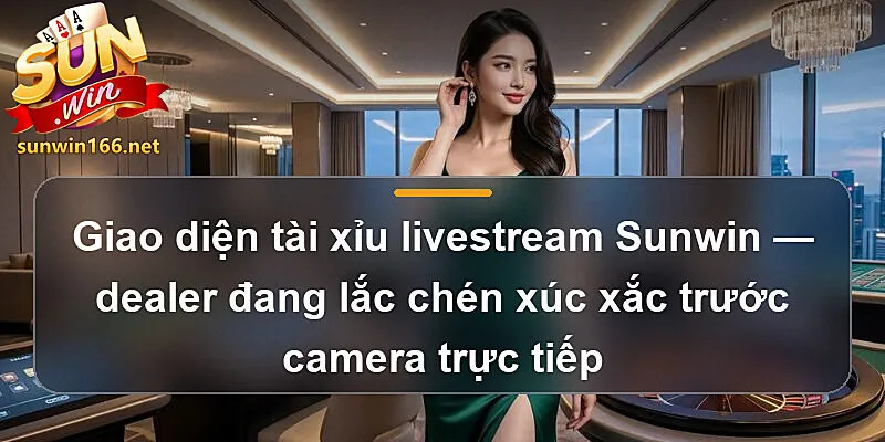 Giao diện tài xỉu livestream Sunwin — dealer đang lắc chén xúc xắc trước camera trực tiếp