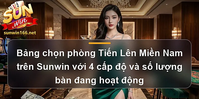 Bảng chọn phòng Tiến Lên Miền Nam trên Sunwin với 4 cấp độ và số lượng bàn đang hoạt động