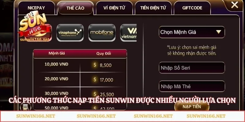 Các phương thức nạp tiền Sunwin được nhiều người lựa chọn